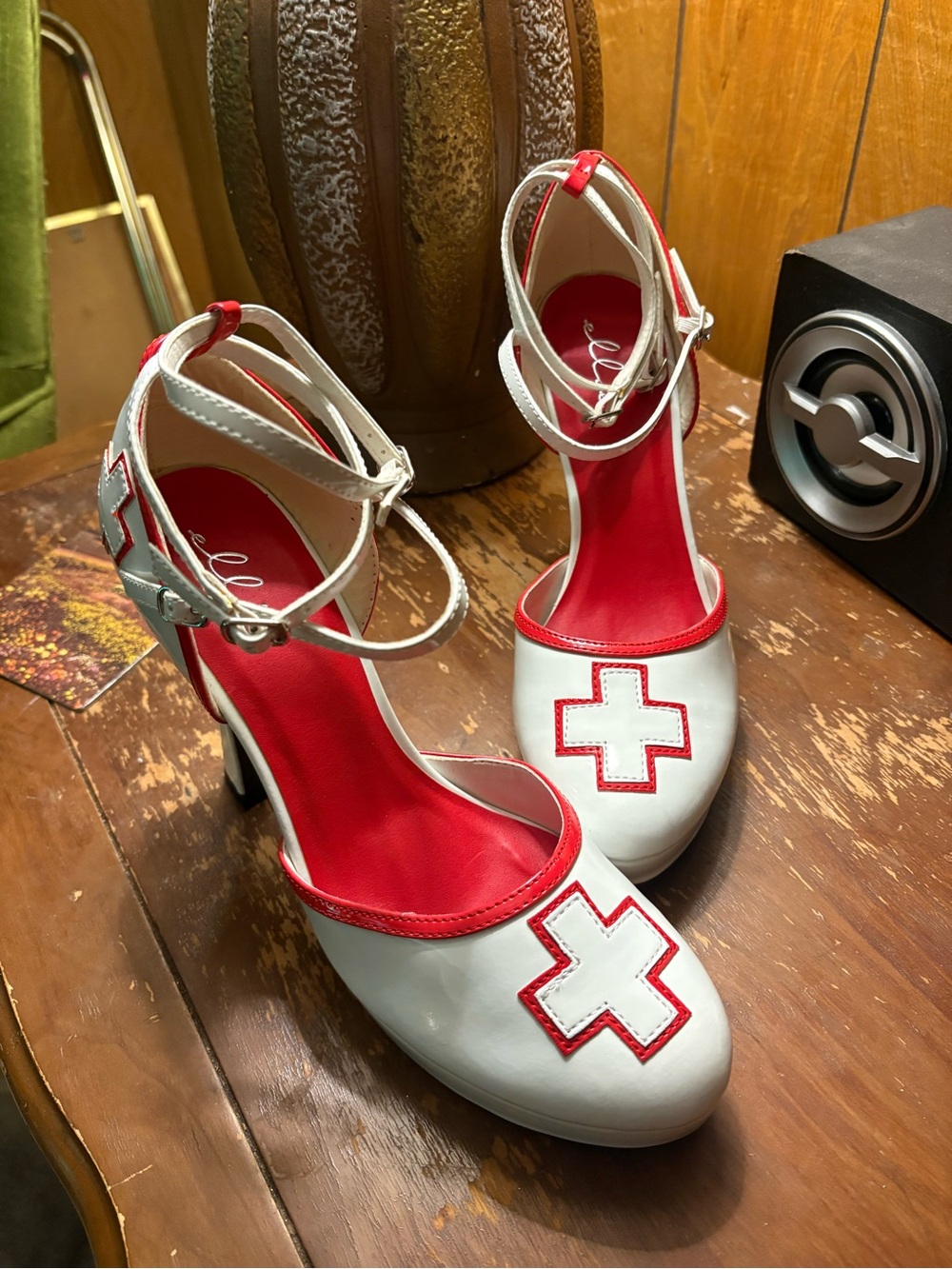 Y2K Nurse White and Red Women's Ankle-Strap Heels with Cross Accent